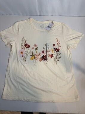 Zoe + Liv Cream Short Sleeve Tee with Multicolor Floral Embroidery